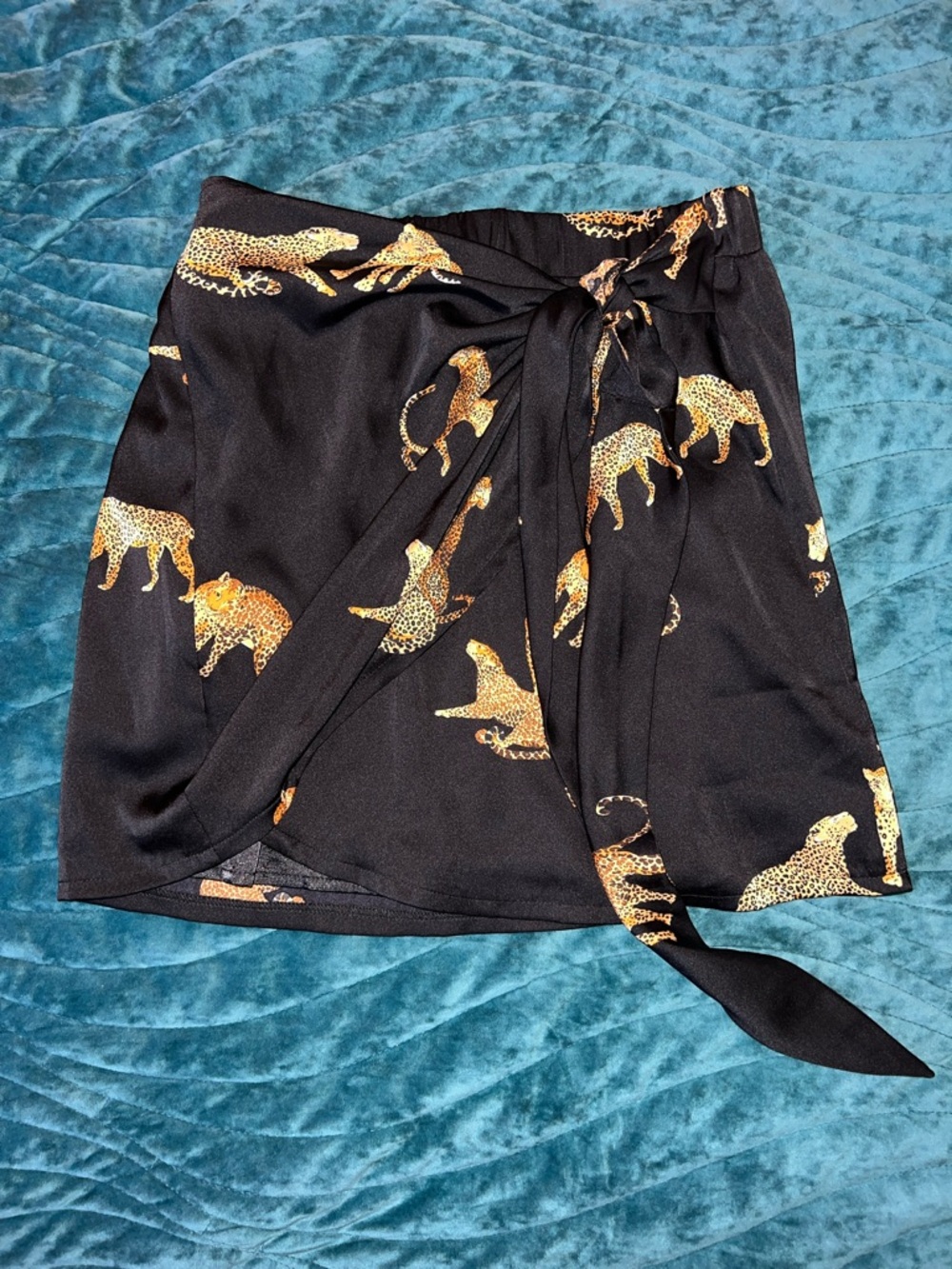 Women’s Black Satin Wrap Skirt with Leopard Print size Small